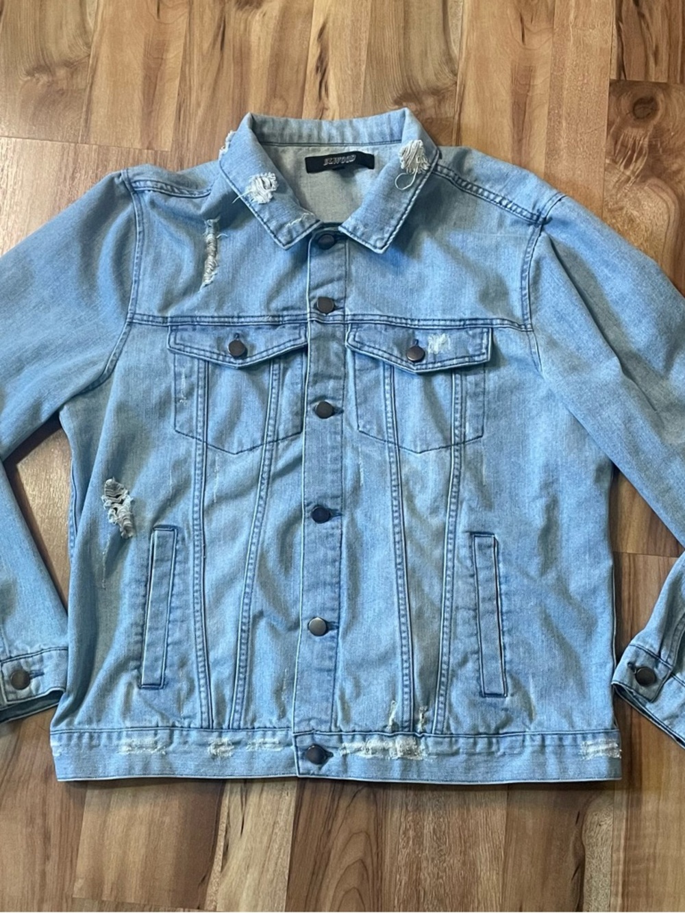 Elwood Distressed Denim Trucker Jacket - Light Wash - Unisex- Relaxed Fit